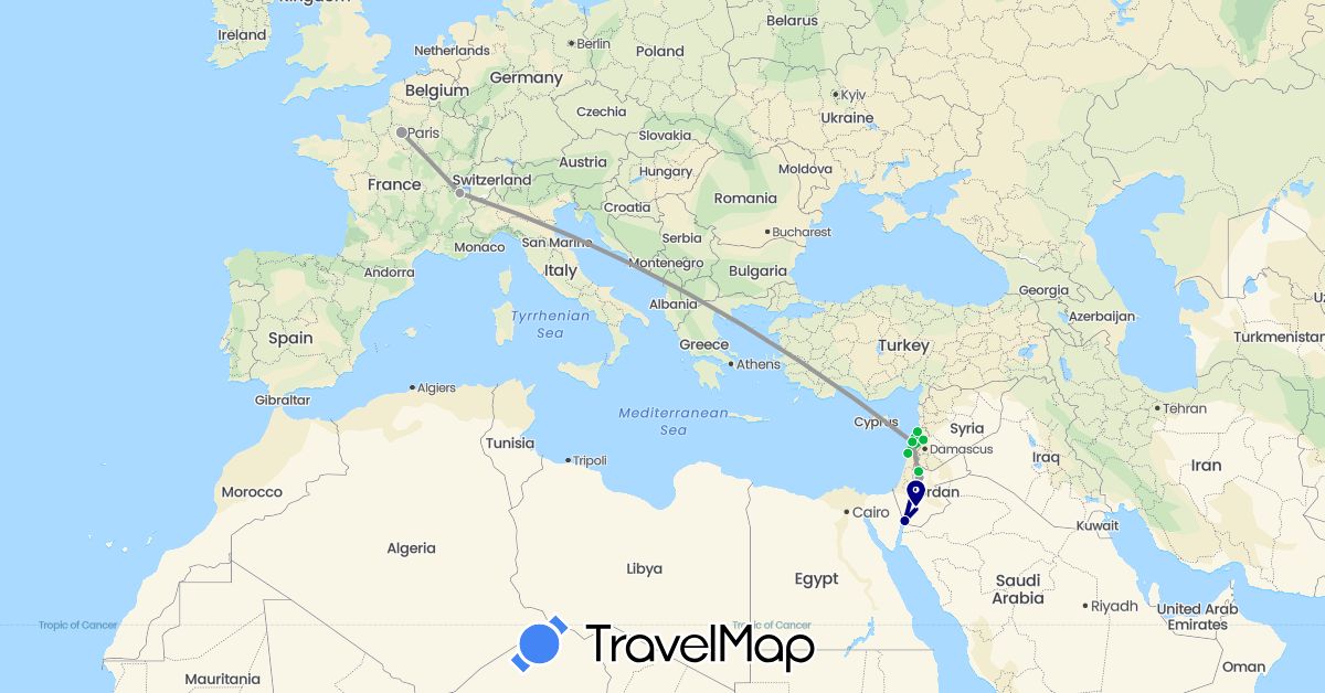 TravelMap itinerary: driving, bus, plane in Switzerland, France, Jordan, Lebanon (Asia, Europe)